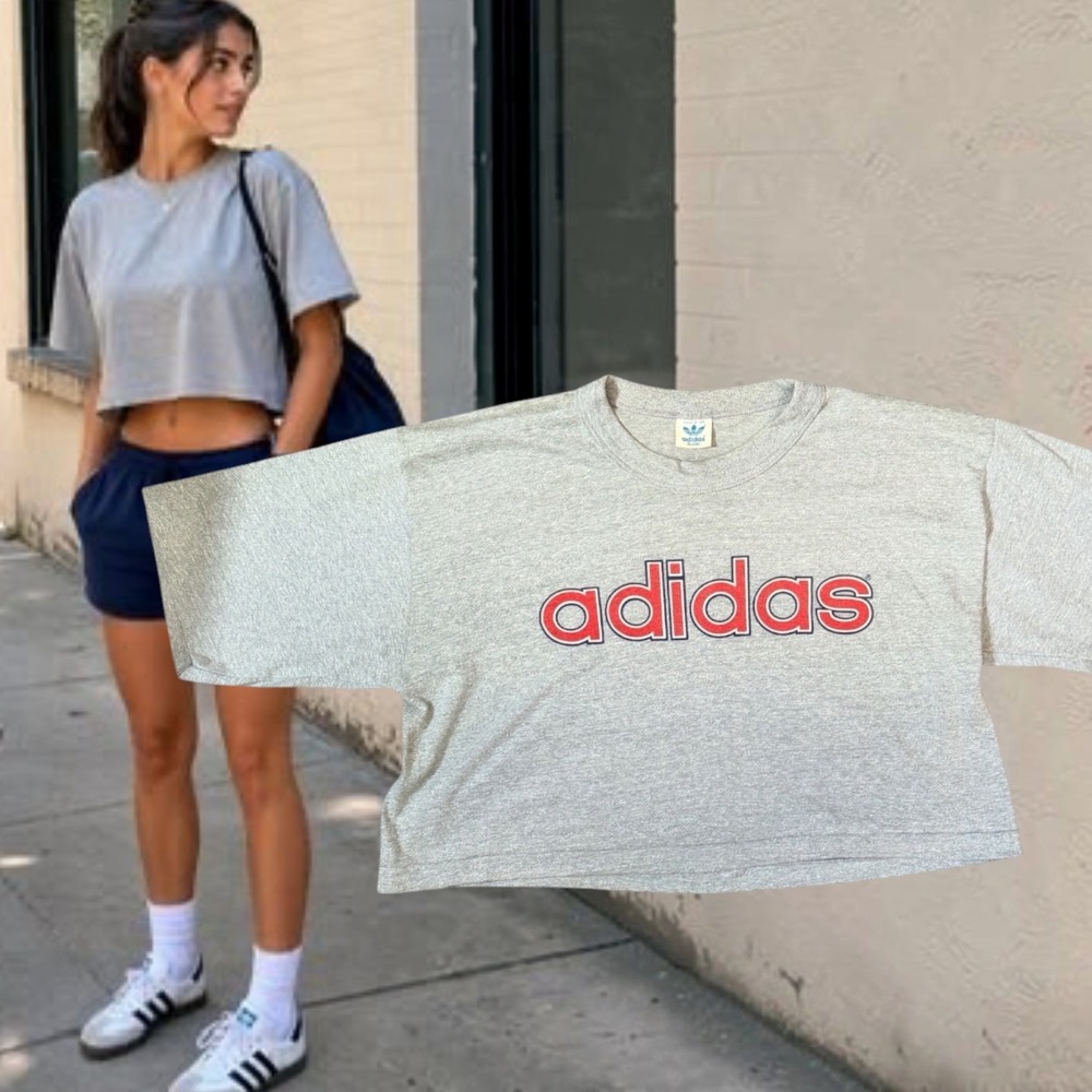 Adidas T-Shirt Vintage 80s Trefoil Logo Cropped Boxy Heather Gray XL